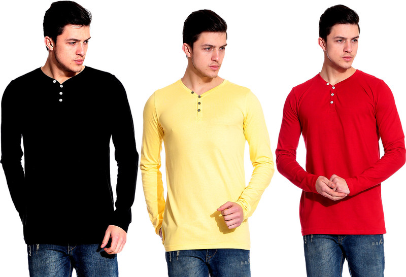 Lemon & Vodka Solid Men Henley Multicolor T-Shirt(Pack of 3)