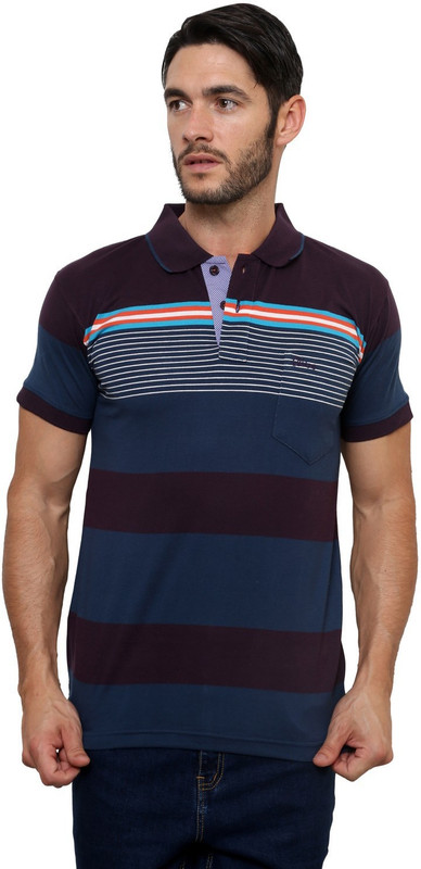 Okane Striped Men Polo Neck Maroon T-Shirt