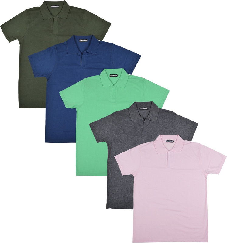 Pintapple Solid Men Polo Neck Pink, Grey, Light Green, Dark Blue, Dark Green T-Shirt(Pack of 5)