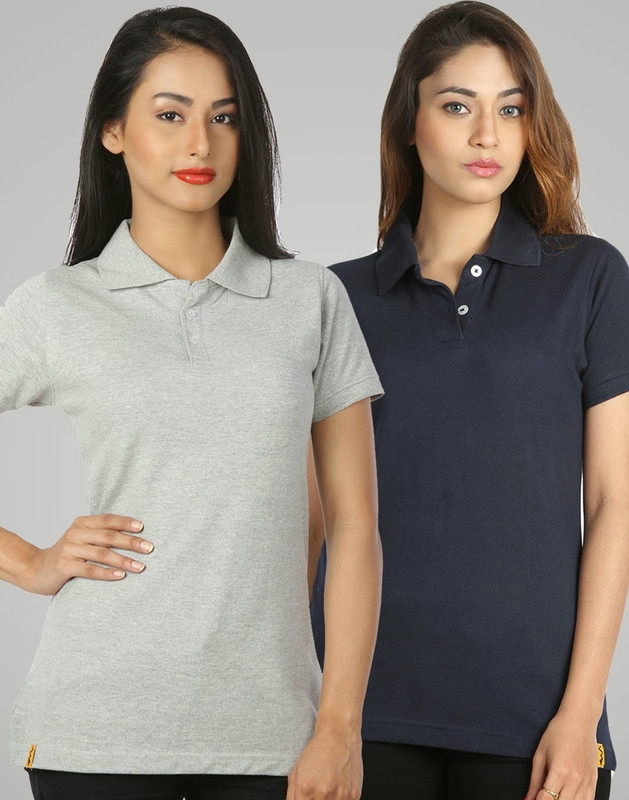 Campus Sutra Solid Women Polo Neck Grey, Blue T-Shirt(Pack of 2)