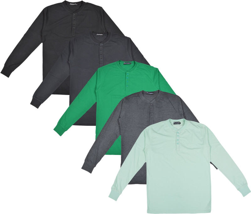 Pintapple Solid Men Henley Light Green, Grey, Green, Black, Black T-Shirt(Pack of 5)