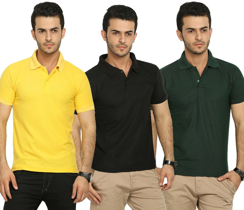 Merlin Solid Men Polo Neck Yellow, Green, Black T-Shirt(Pack of 3) Merlin Solid Men Polo Neck Yellow, Green, Black T-Shirt(Pack of 3)