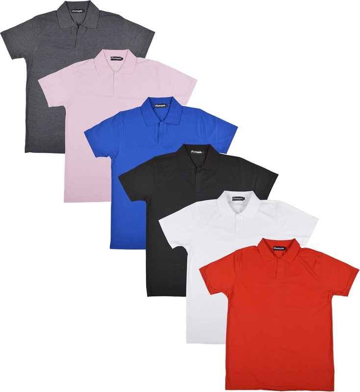 Pintapple Solid Men Polo Neck White, Black, Blue, Pink, Grey, Red T-Shirt(Pack of 6)