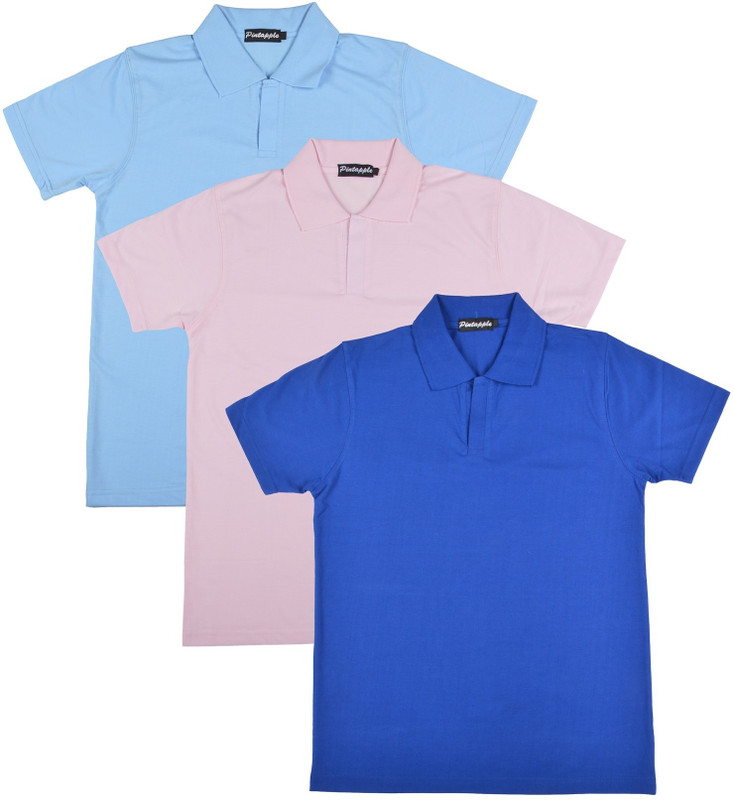 Pintapple Solid Men Polo Neck Blue, Pink, Light Blue T-Shirt(Pack of 3)