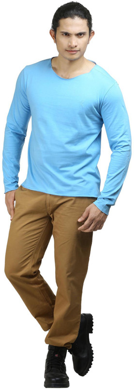 Oviyon Solid Men Boat Neck Light Blue T-Shirt