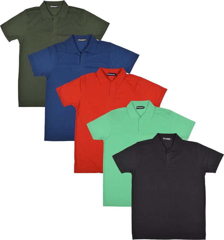Pintapple Solid Men Polo Neck Black, Light Green, Red, Dark Blue, Dark Green T-Shirt(Pack of 5)