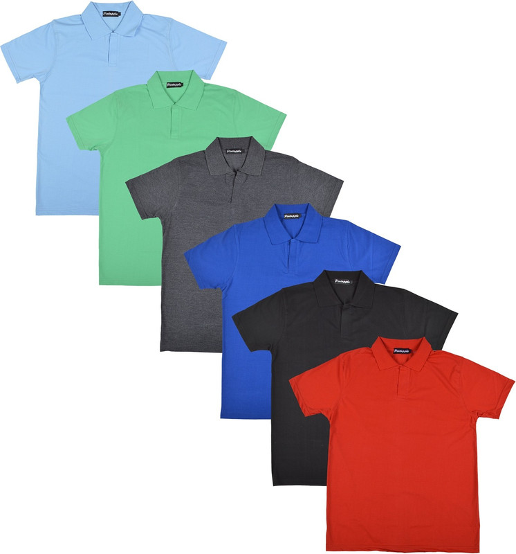 Pintapple Solid Men Polo Neck Black, Blue, Grey, Light Green, Light Blue, Red T-Shirt(Pack of 6)