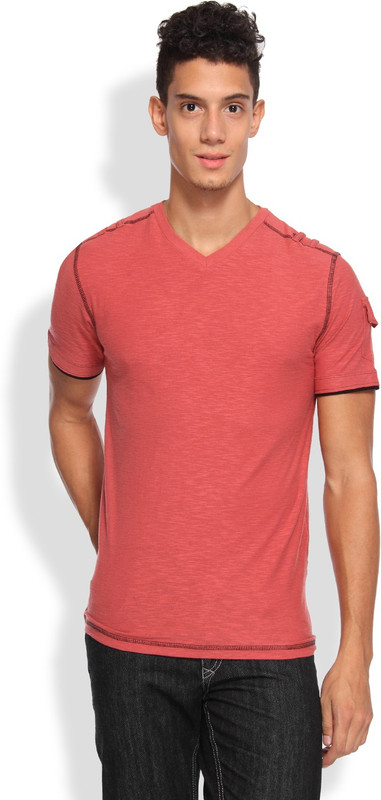 Arise Self Design Men V-neck Red T-Shirt