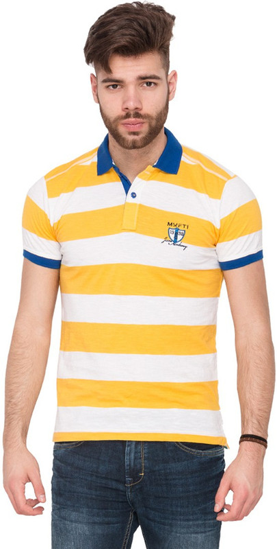 Mufti Striped Men Polo Neck Yellow T-Shirt