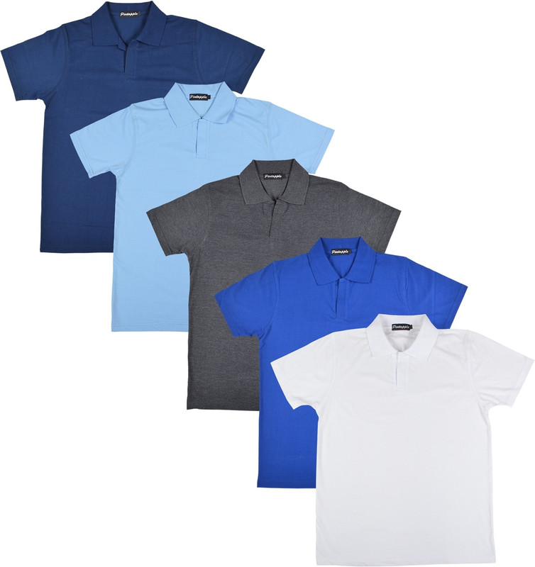 Pintapple Solid Men Polo Neck White, Blue, Grey, Light Blue, Dark Blue T-Shirt(Pack of 5)