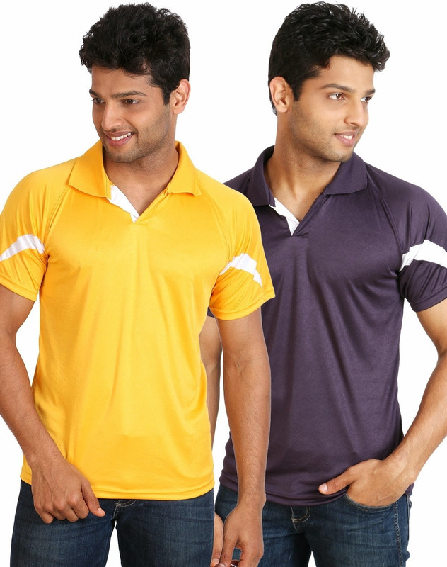 Campus Sutra Solid Men Polo Neck Yellow, Purple T-Shirt(Pack of 2)