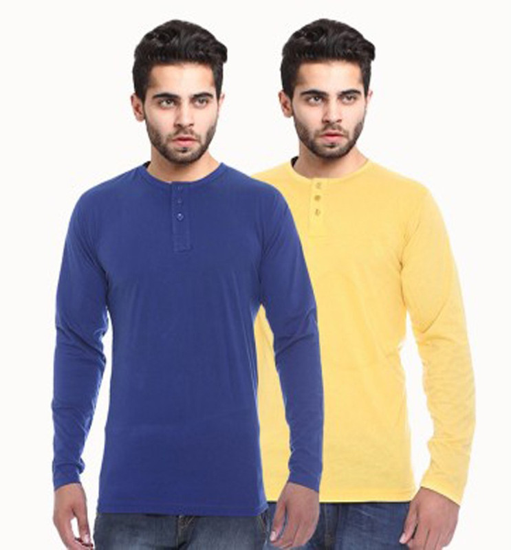 Sampoorna Collection Solid Men Henley Yellow, Blue T-Shirt(Pack of 2)