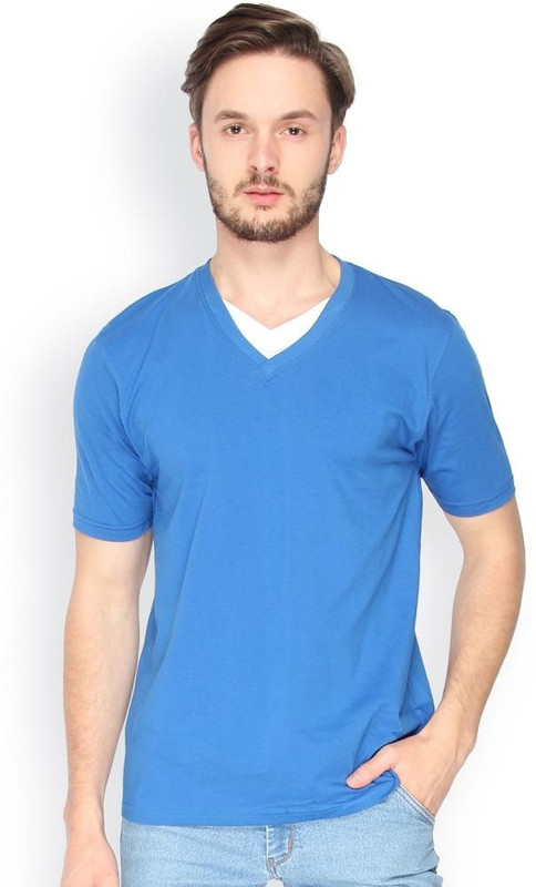 Campus Sutra Solid Men V-Neck Blue T-Shirt