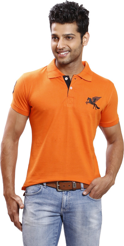 Right Shape Solid Men Polo Neck Orange T-Shirt
