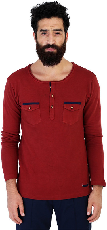 Mr Button Solid Men Henley Maroon T-Shirt