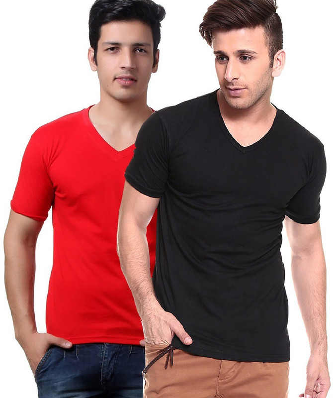 Tripr Solid Men V-Neck Multicolor, Black, Red T-Shirt(Pack of 2)
