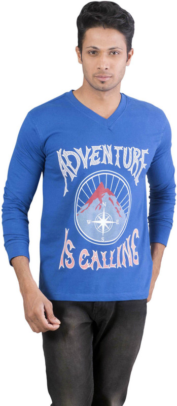 Oviyon Printed Men V-neck Blue T-Shirt