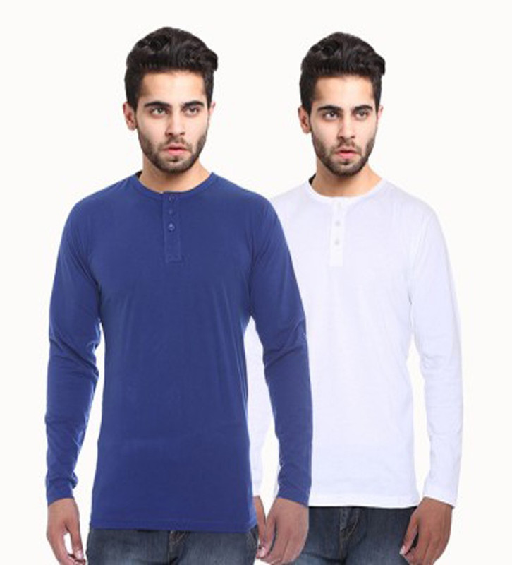 Sampoorna Collection Solid Men Henley Blue, White T-Shirt(Pack of 2)