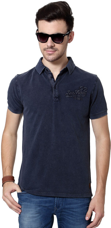 SF Jeans by Pantaloons Solid Men Polo Neck Blue T-Shirt