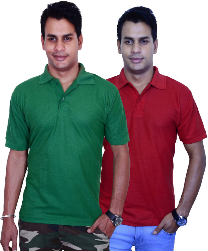 Blaze Solid Men Polo Neck Green, Maroon T-Shirt(Pack of 2)