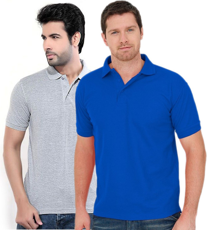 Concepts Solid Men Polo Neck Grey, Blue T-Shirt(Pack of 2)
