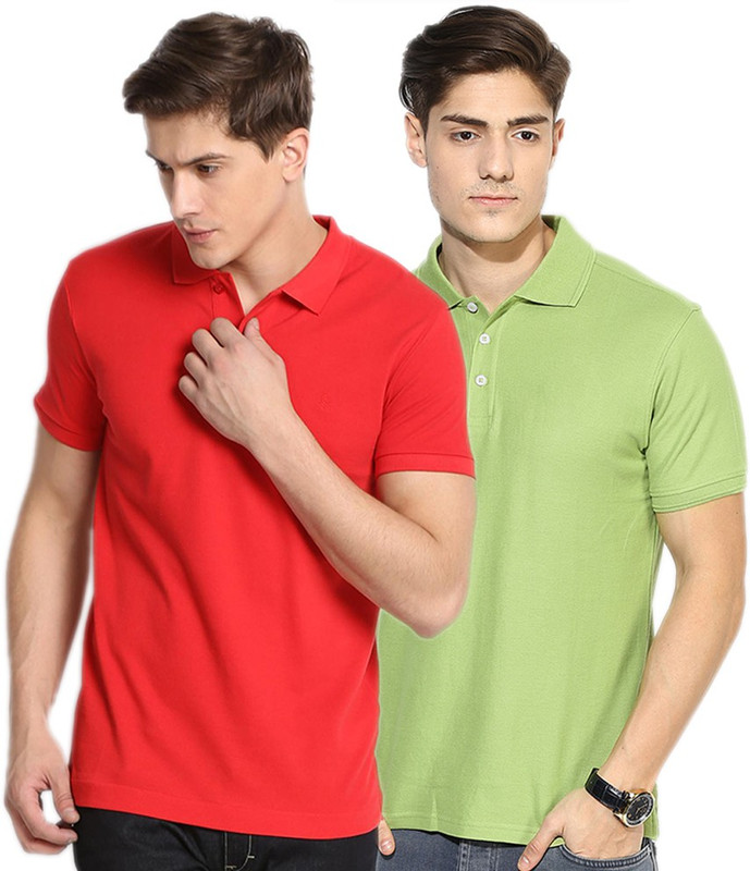 Go India Store Solid Men Polo Neck Red, Light Green T-Shirt(Pack of 2)