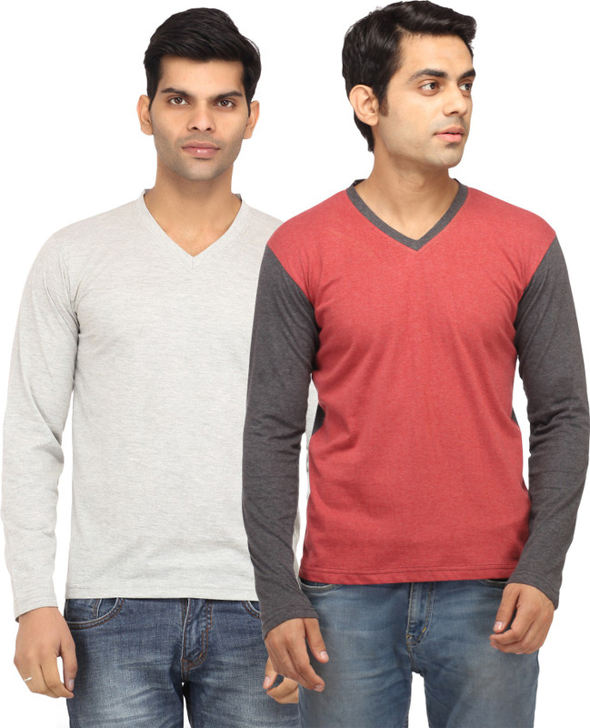 Leana Solid Men Round Neck Grey, Red T-Shirt(Pack of 2)