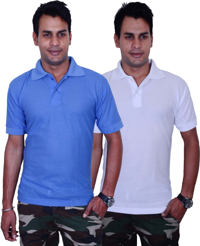 Blaze Solid Men Polo Neck Blue, White T-Shirt(Pack of 2)