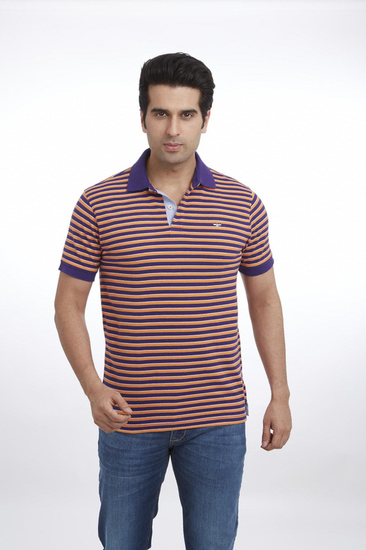 Park Avenue Striped Men Polo Neck Orange T-Shirt