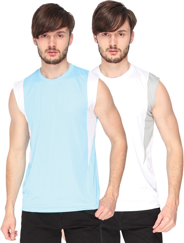 Campus Sutra Solid Men Round or Crew Denim Light Blue, White T-Shirt(Pack of 2)