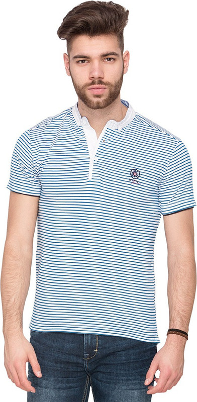 Mufti Striped Men Henley Blue T-Shirt