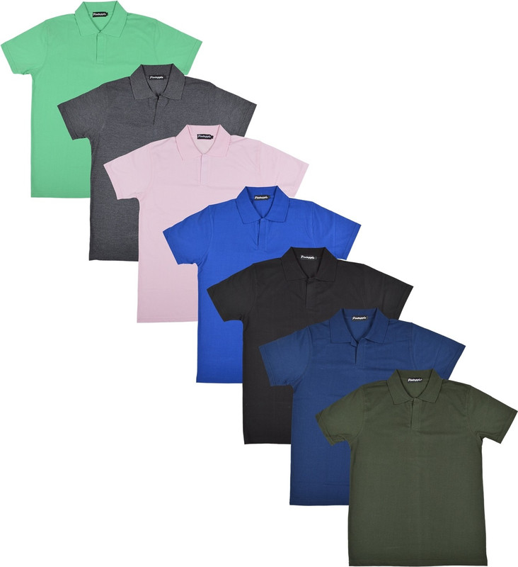Pintapple Solid Men Polo Neck Black, Blue, Pink, Grey, Light Green, Dark Blue, Dark Green T-Shirt(Pack of 7)