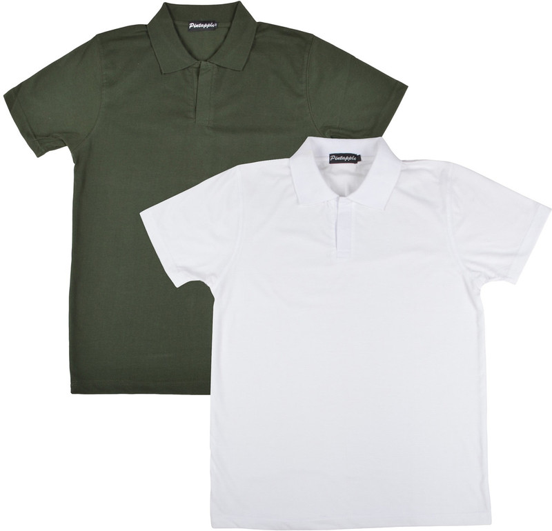 Pintapple Solid Men Polo Neck White, Dark Green T-Shirt(Pack of 2)