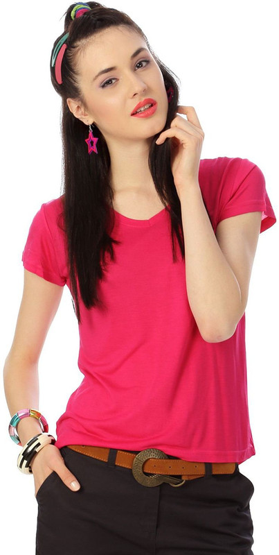 Honey By Pantaloons Solid Women V-neck Pink T-Shirt