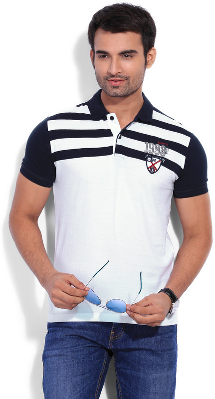 Mufti Striped Men Polo Neck Blue, White T-Shirt