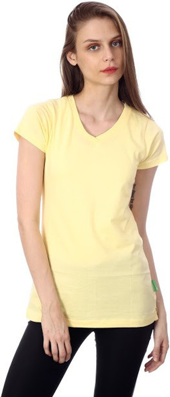 Goldstroms Solid Women V-neck Yellow T-Shirt