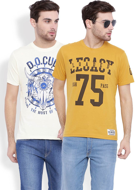 DIFFERENCE OF OPINION Printed Men Round Neck Gold, Beige T-Shirt(Pack of 2)