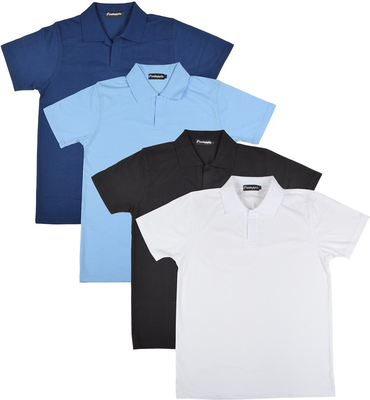 Pintapple Solid Men Polo Neck White, Black, Light Blue, Dark Blue T-Shirt(Pack of 4)