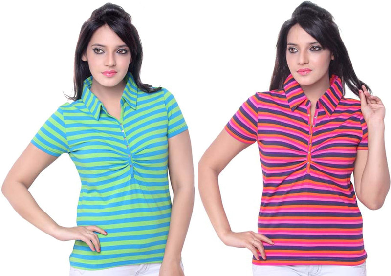 Sini Mini Striped Women Polo Neck Orange, Light Blue T-Shirt(Pack of 2)