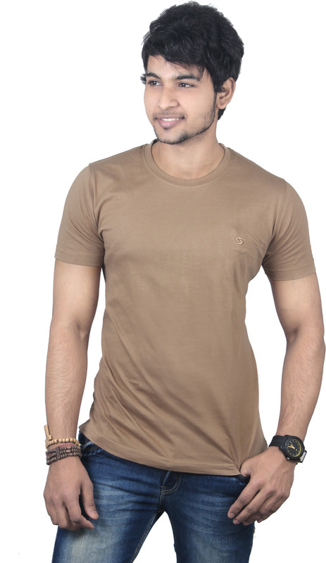 Spur Solid Men Round Neck Brown T-Shirt