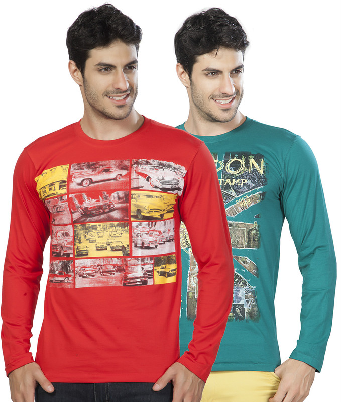 Alan Jones Printed Men Round Neck Red, Green T-Shirt(Pack of 2)