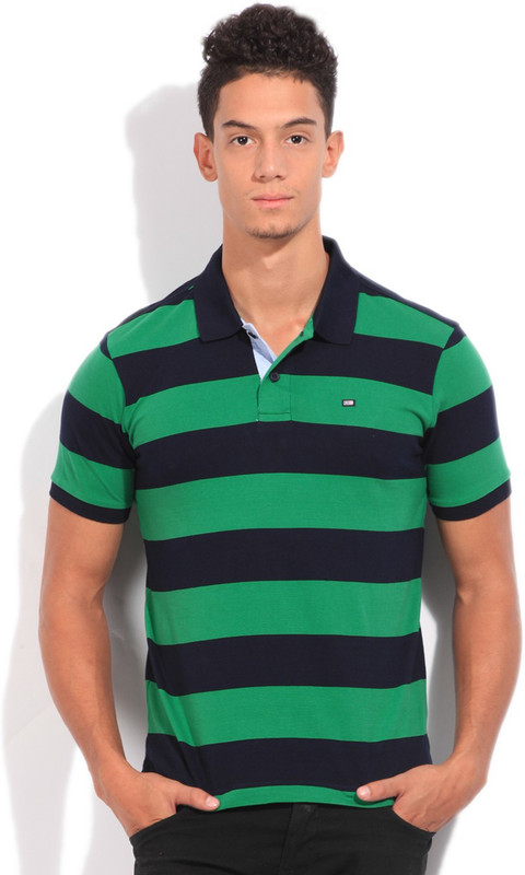 Arrow Sports Striped Men Polo Neck Dark Blue, Green T-Shirt