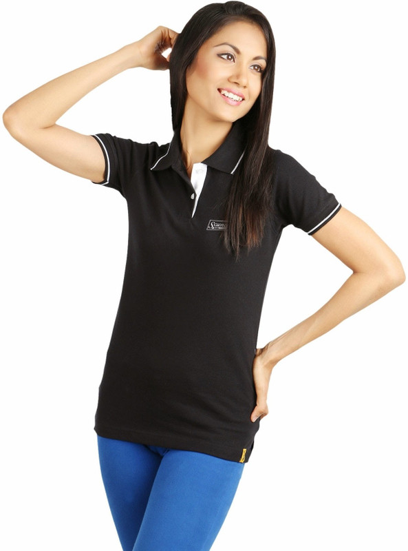 Campus Sutra Solid Women Polo Neck Black T-Shirt