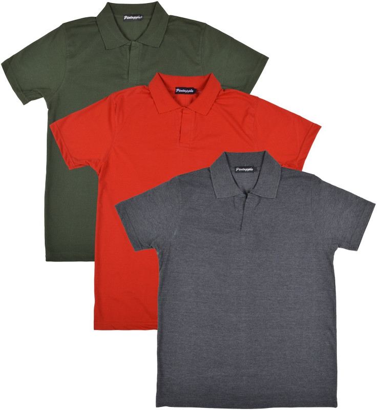 Pintapple Solid Men Polo Neck Grey, Red, Dark Green T-Shirt(Pack of 3)