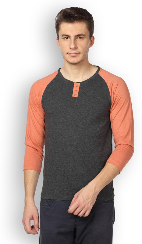 DIFFERENCE OF OPINION Solid Men Henley Orange T-Shirt