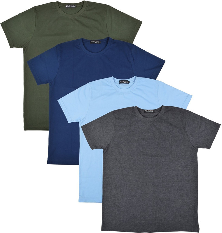 Pintapple Solid Men Round Neck Grey, Light Blue, Dark Blue, Dark Green T-Shirt(Pack of 4)