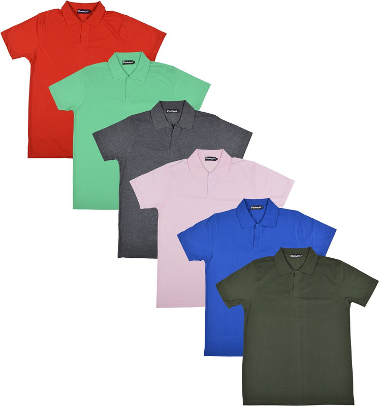 Pintapple Solid Men Polo Neck Blue, Pink, Grey, Light Green, Red, Dark Green T-Shirt(Pack of 6)