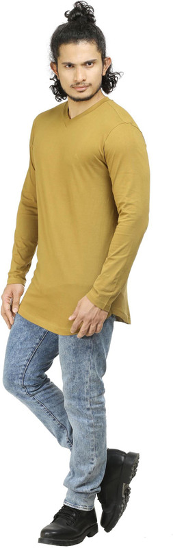 Oviyon Solid Men V-neck Beige T-Shirt