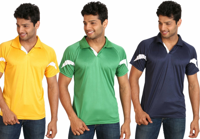 Campus Sutra Solid Men Polo Neck Blue, Yellow, Green T-Shirt(Pack of 3)
