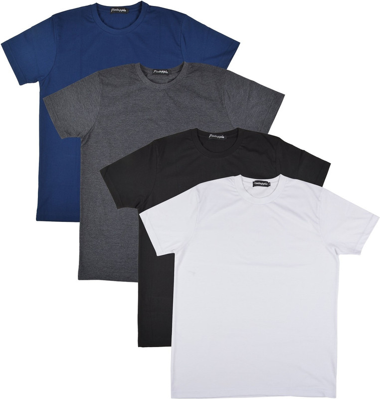 Pintapple Solid Men Round Neck White, Black, Grey, Dark Blue T-Shirt(Pack of 4)